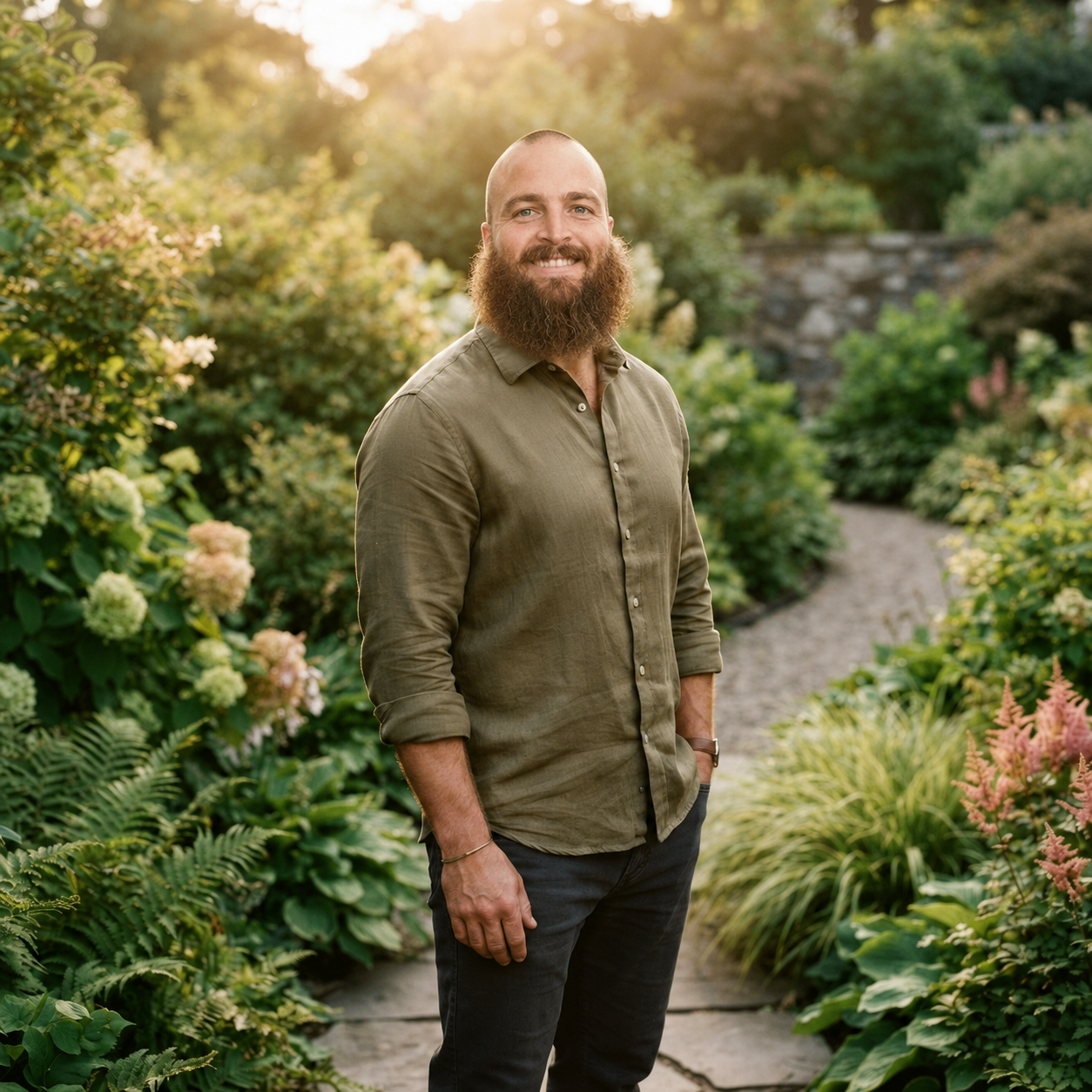 Chad Ploof, founder and lead designer of IpsoTerra, in a garden at golden hour
