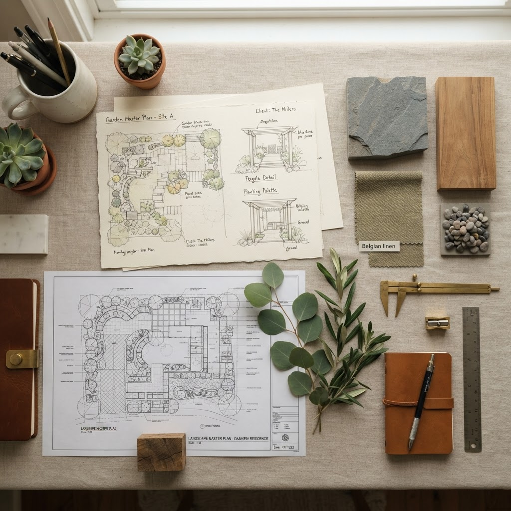 Overhead view of landscape design sketches, plans, and material samples on a desk