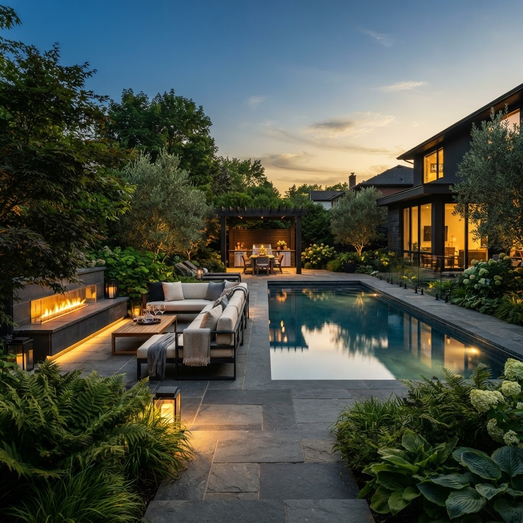A luxury landscaped backyard with a stone patio and glowing fire feature at twilight