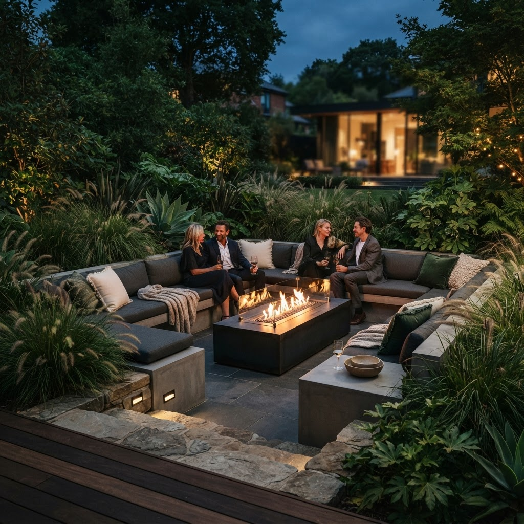 A sunken lounge with a linear fire pit surrounded by ornamental grasses