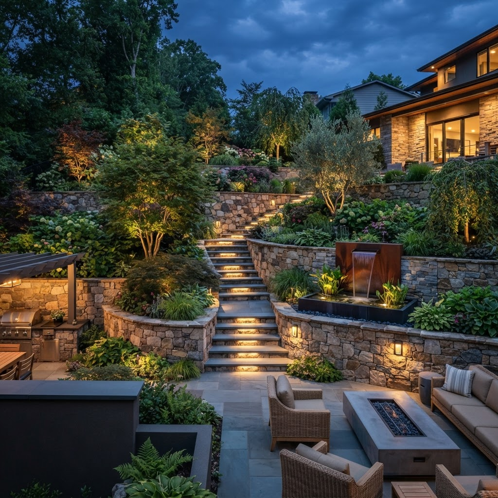 A terraced hillside backyard transformation with stone retaining walls and water feature